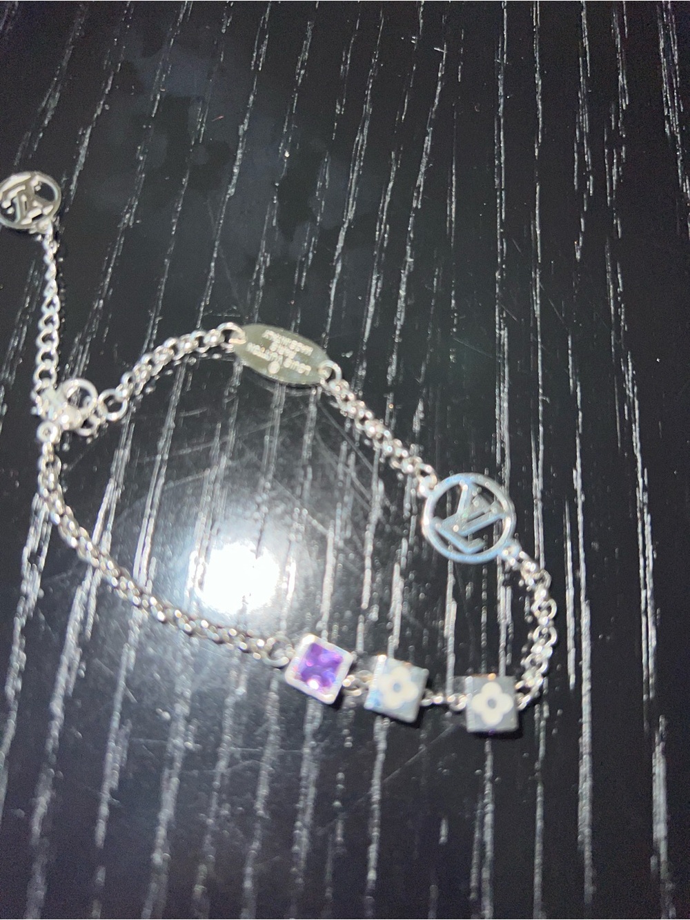 Silver Chain Bracelet with Purple and White Accents